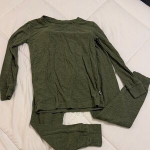 Little Sleepoes Sage Green Ribbed Long Sleeve Top and Pants pajamas.